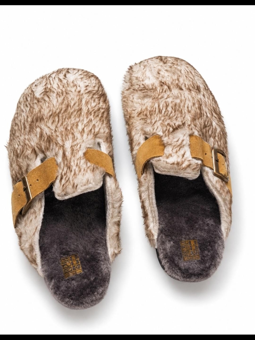 Faux Fur Slip-On Clog Slippers with Buckle in Tan